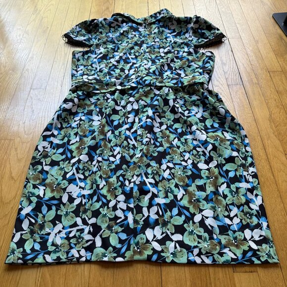 Badgley Mischka Size 22 Blue Green Floral Lace Trim Sleeve Collared Sheath Dress - Picture 16 of 16
